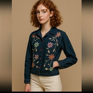 Vintage Embroidered Floral Denim Shirt Button Down Long Sleeve Jacket Size 8 P